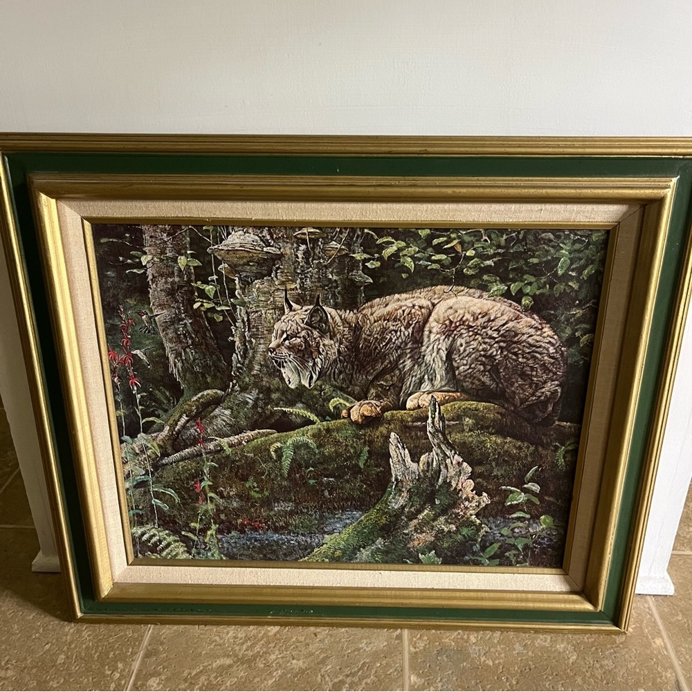 *not for sale* Vintage Framed Bobcat Canvas Oil Painting